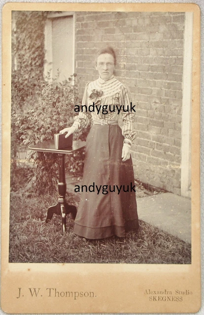 Cabinet Card Lady Holding Book Outside House By Thompson Skegness Antique Photo