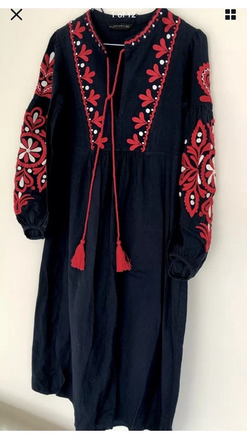 ZARA NAVY BLUE Red Boho Embroidered Dress 39.00 - PicClick UK