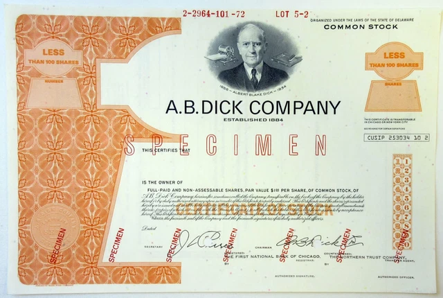 A.B. Dick Co. 1972 Specimen Stock Cert 100 Shrs XF ABN Orange/Yellow