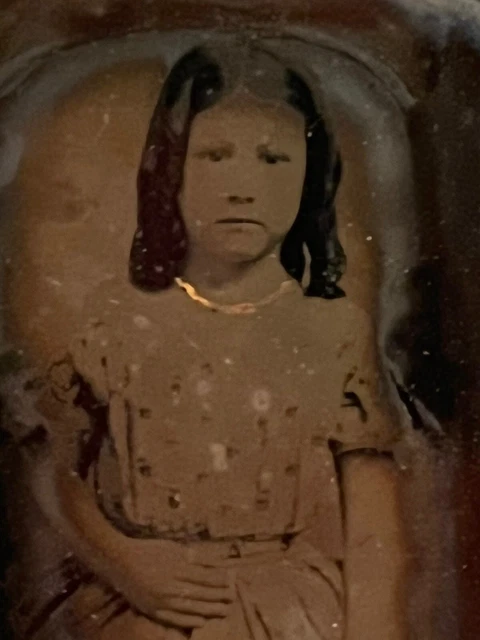 Antique Ambrotype 1/9 Plate Painted Back W Half Case Serious Young Girl Dress