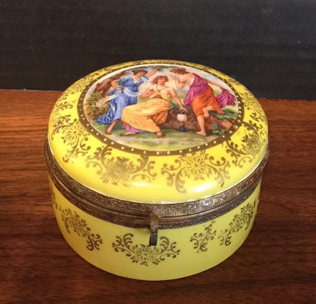 Vintage Porcelain Germany Dresser Trinket Box Hand Painted Nymphs Brass Trim