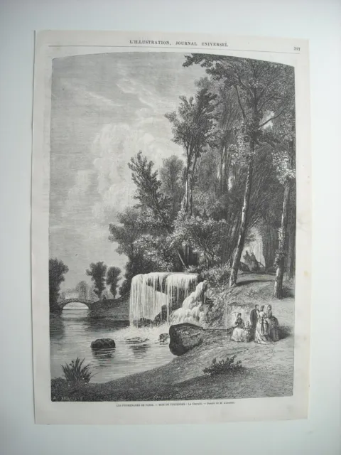 1870 Engraving. Les Promenades De Paris. Vincennes Wood. The Waterfall. With Explain