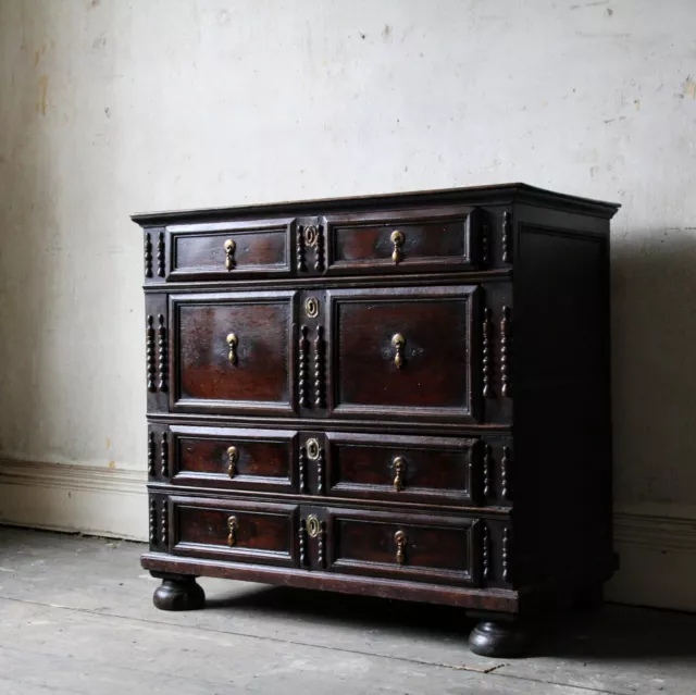 Antique 17Th Century Charles Ii Oak Chest Of Drawers, Two Halves C.1670