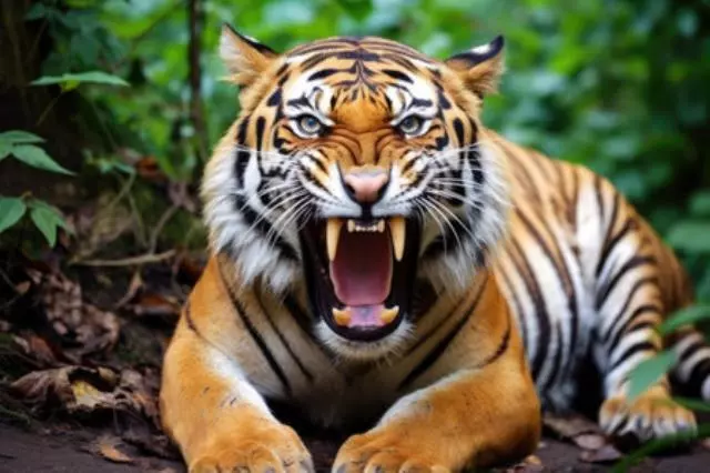 ein Tiger mit weit geöffnetem Maul und Zähnen, erstellt mit generativer KI (2179
