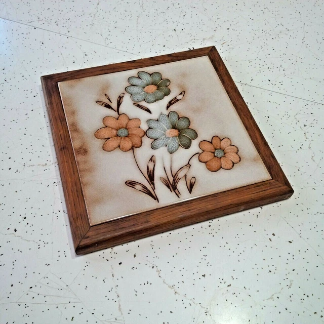 Vintage Ceramic Tile 9"x9" Glazed Blue Floral MCM Made Italy Framed Ready 2 Hang
