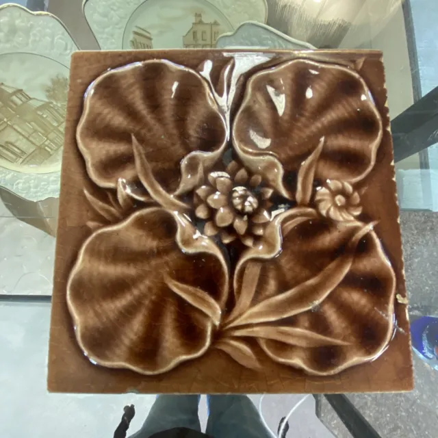 Brown Floral - ART NOUVEAU MAJOLICA TILE C1900