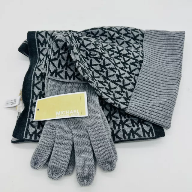 MICHAEL KORS 3-PIECE Set Knit Scarf, Hat & Gloves Gray Black MK Logo $148  Retail $19.95 - PicClick