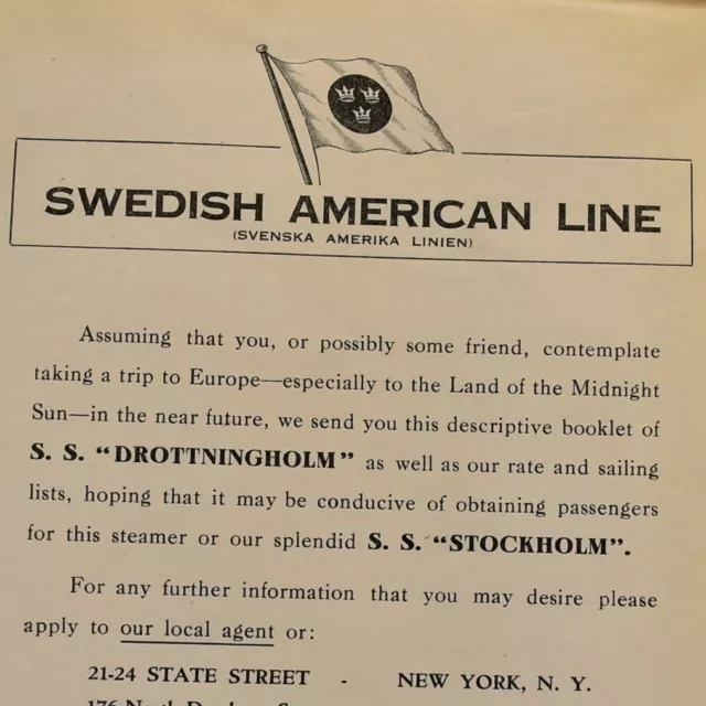 1921 SS Drottningholm Stockholm Local Agents Swedish American Line RMS Virginian