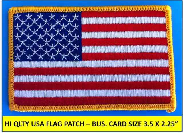 USA AMERICAN FLAG EMBROIDERED PATCH IRON-ON SEW-ON GOLD BORDER (3½ x 2¼”)