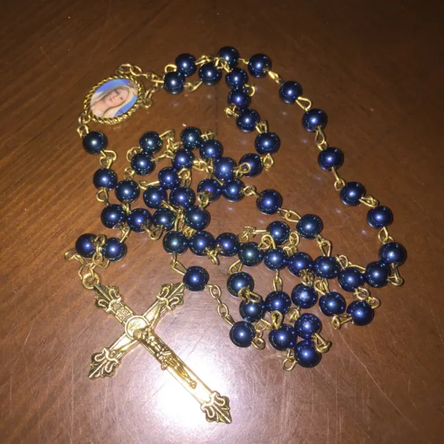 Vintage Gold Tone Blue Iridescent Beaded  "Mary Star Of The Sea Guide Me" Rosary