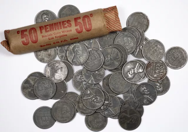 1943-S Steel War Lincoln Wheat Penny Roll of 50 Coins Average Circulated