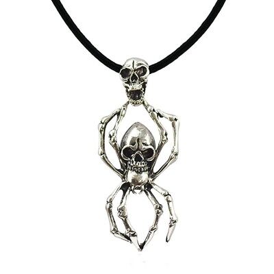 Metal 2-1/8" x 1" SKULL SPIDER Pendant with 18" Black Rope Necklace