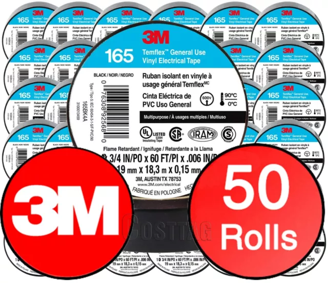 3M Temflex Vinyl Electrical Tape 165 Multi-purpose 3/4" X 60FT Black 50 Rolls