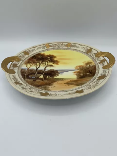 Nippon Hand Painted Scenery Cake Dish / Serving tray Gold beaded Details 10” 2