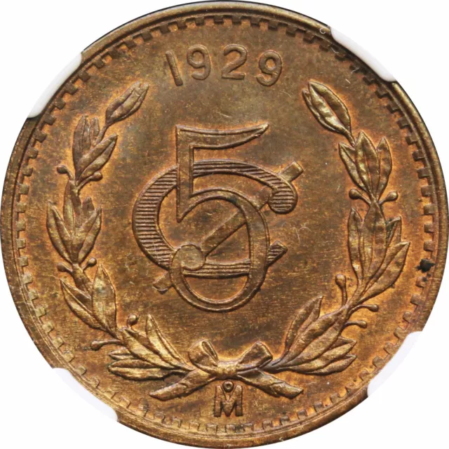 Mexico 5 Centavos Mo 1929, Bronze. NGC MS64 BN KM# 422