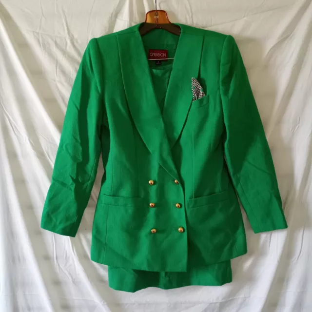 Sasson Skirt Suit Sz 8 Green Double Breasted Gold Buttons Pockets Zipper Vintage