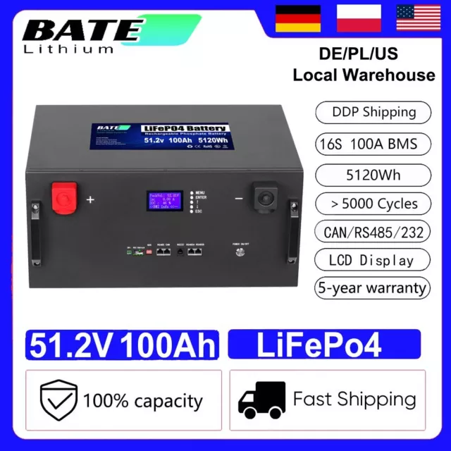 48V 100Ah 51.2V LiFePO4 Lithium 5.12KWh Solar Battery Off Grid RS232/RS485/CAN