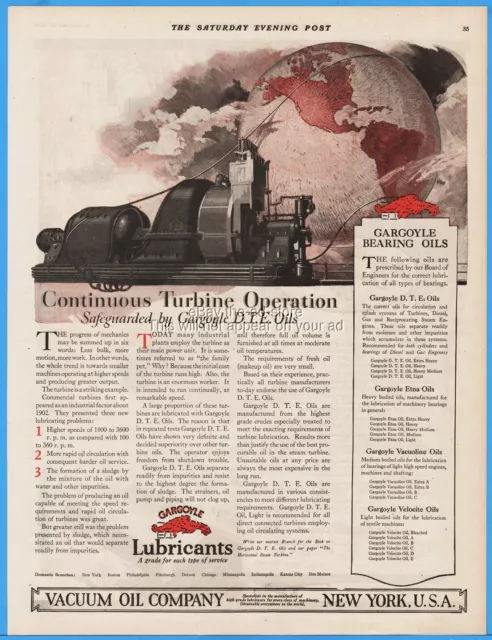 1920 Vacuum Oil Co Gargoyle Mobiloil Turbine Bearing Oils Lubrication Globe Ad