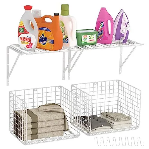 2 Pack Laundry Room Shelves Wall Mounted with Wire Baskets, Over the White