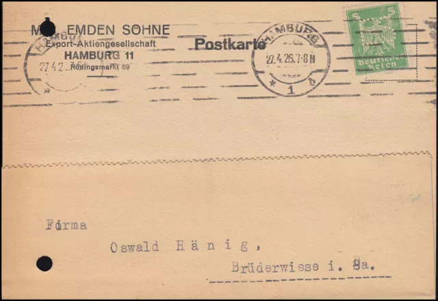 Firmenlochung ES auf 356 Reichsadler 5 Pf. als EF auf Postkarte HAMBURG 22.4.26