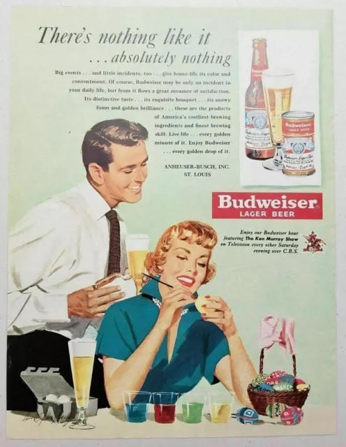 1950 Print Ad Budweiser Beer Happy Couple Paint Eggs & Drink Bud