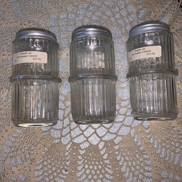 2 Hoosier Cabinet Spice Jars Vintage Ribbed Glass Metal Lids