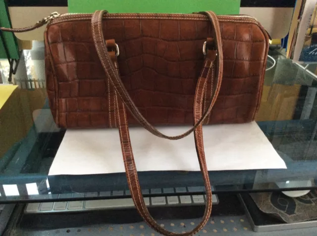 Dooney & Bourke Croc Embossed Leather Zip Satchel Hand Bag Purse  - Brown