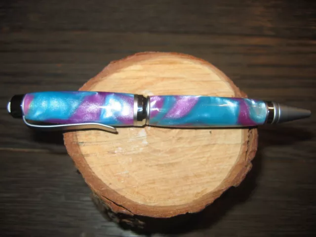 Gorgeous HM Titanium & Satin Silver Cigar pen in Purple & Teal swirled Resin