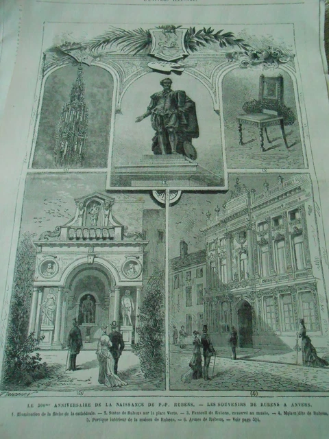 Gravure 1877 - Le 300è Anniversaire de la naissance Rubens à Anvers