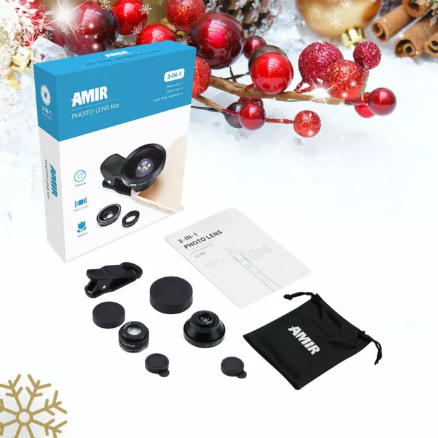 AMIR Smartphone Photo Lens Kit, 3-in-1 (Fisheye, Macro, Super Wide Angle) Pocket