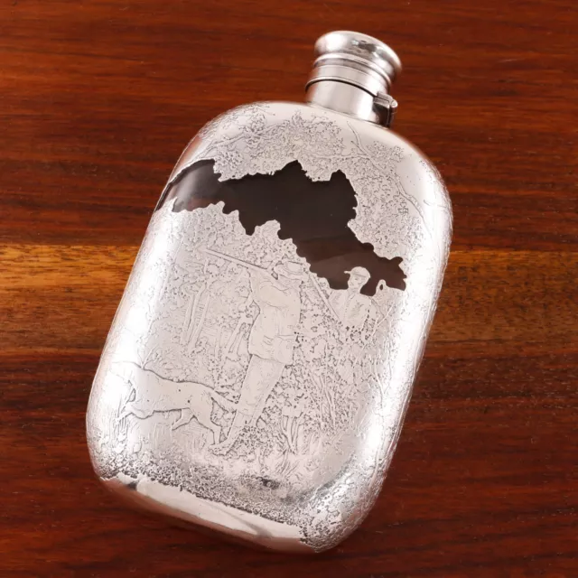 Rare Gorham Sterling Glass Acid Etched Flask Hunting Scene Dogs Elk Hunters 1887