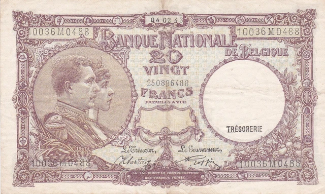 1943 Belgium 20 Franc Banknote, nice condition