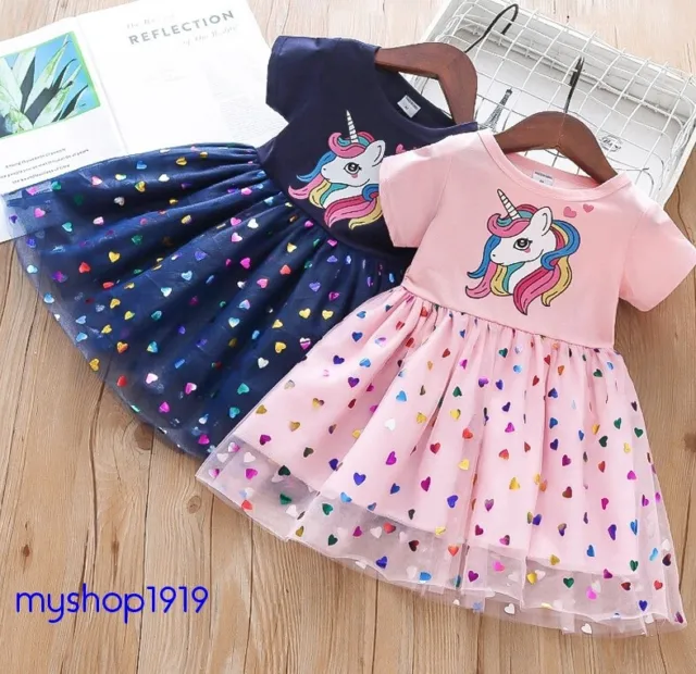 Girls Summer Dress Unicorn Short Sleeve Casual Toddler Dresses Age 2-7 Years