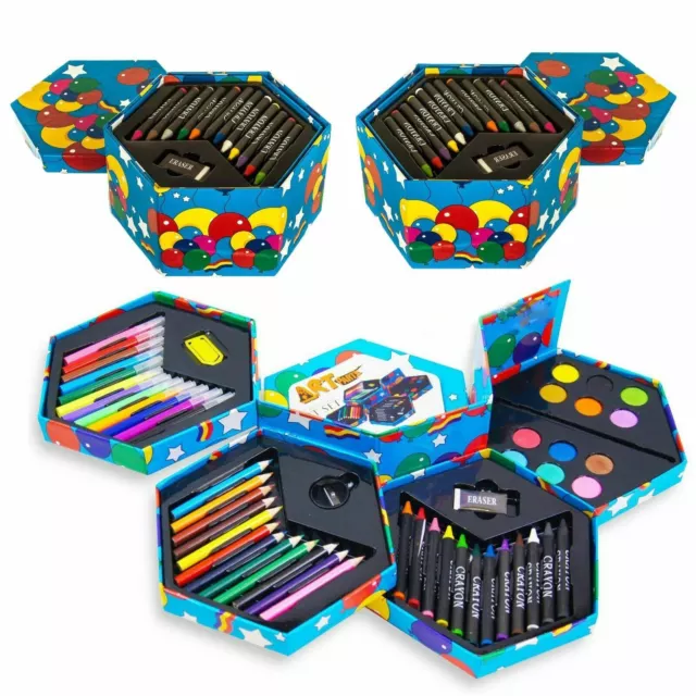 Hexagonal Set of 2 Art Box Kids 52 Piece Set of Crafts Artists Crayons Paint Pen