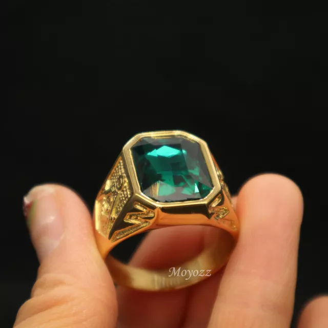 Mens Gold Faux Green Emerald Stone Masonic Ring Stainless Steel Size 7-15 Gift 3