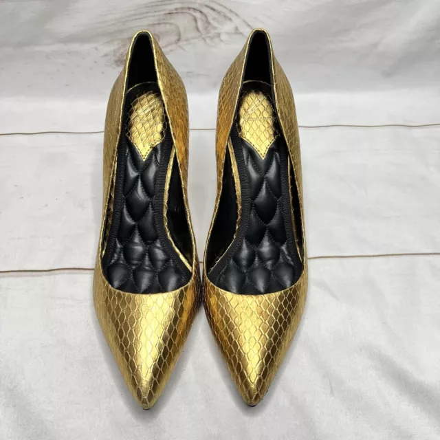 Brian Atwood SkyHigh Long Pointed FM Pumps Metallic Snakeskin Gold Sz 9.5