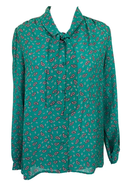 Vintage Jones of Dallas Top Blouse with Tie Neck Teal Green Paisley