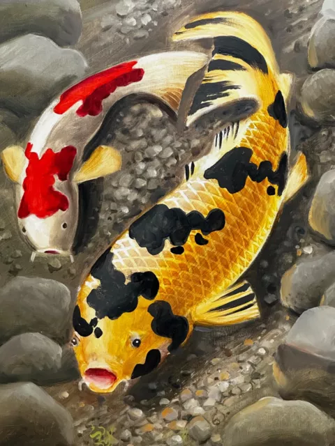 Réalisme Marine Aquatique Huile Peinture Koi Carpe Poisson Nage Autour Clair Eau 2