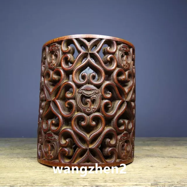 Chinese Wood brush pot natural Bamboo carving Pen holder Hollow pattern 16.5cm