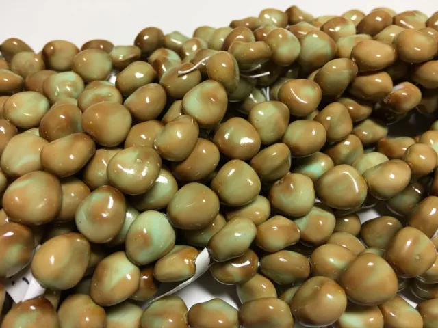 2 Strands - Czech Glass Nuggets - shades of mint green / brown - beads glass 