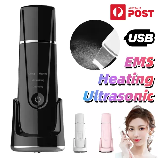 Ultrasonic Skin Scrubber Deep Facial Spatula Cleaner Face Peeling Tool Heat EMS