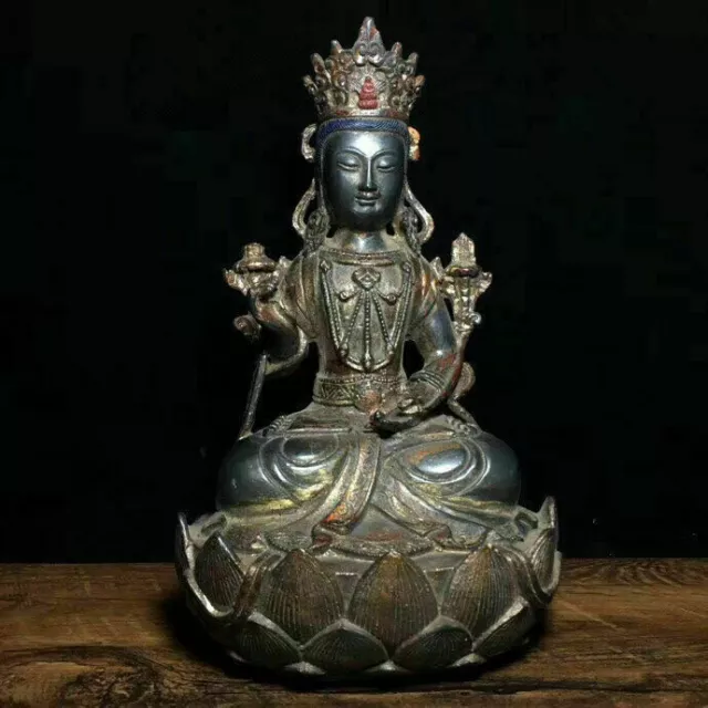9.2" Old Tibetan Bronze Gilt Buddhism Seat Kwan-yin Guan Yin Goddess Statue