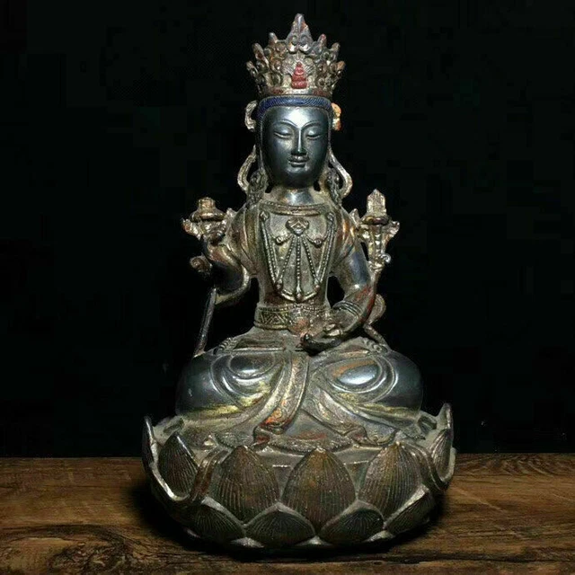 9.2" Old Tibetan Bronze Gilt Buddhism Seat Kwan-yin Guan Yin Goddess Statue