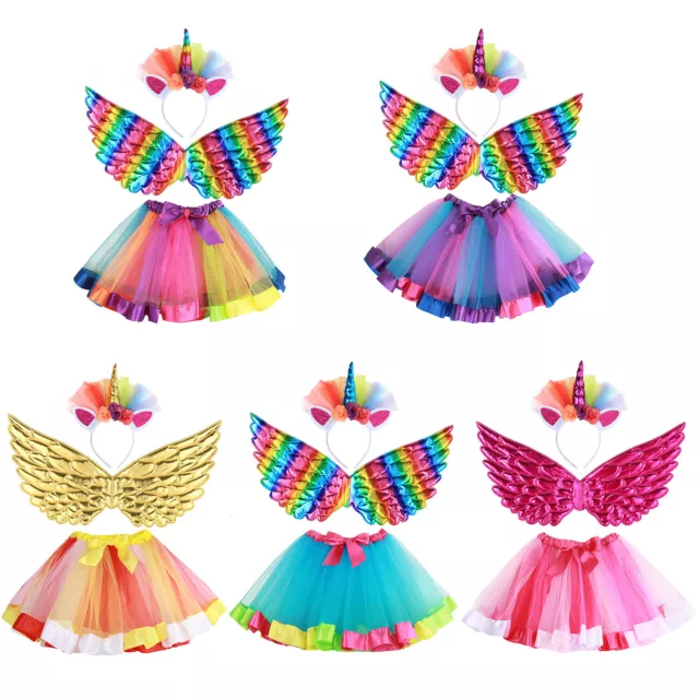 Rainbow Tutu Skirt Costume Fancy Dress Fairy Wings Headband Set For 3-8Y Girls