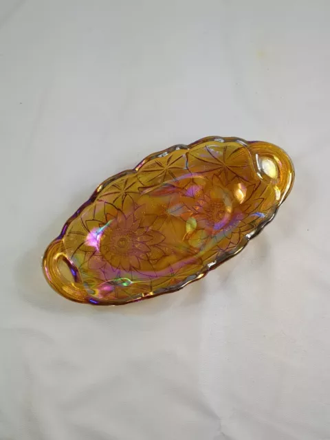 INDIANA GLASS CARNIVAL BOWL DISH LILY PONS AMBER GOLD YELLOW Relish Pickle Candy