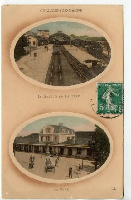 CHALONS SUR MARNE - Marne - CPA 51 - Gare - façade - train - quai - 2 vues