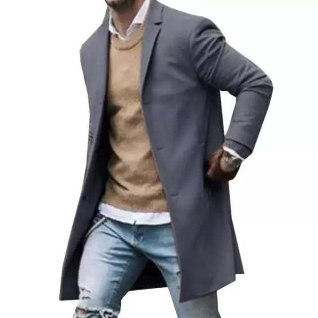 Mens Long Sleeve Button Jacket Winter Warm Trench Coat Outwear Overcoat Casual