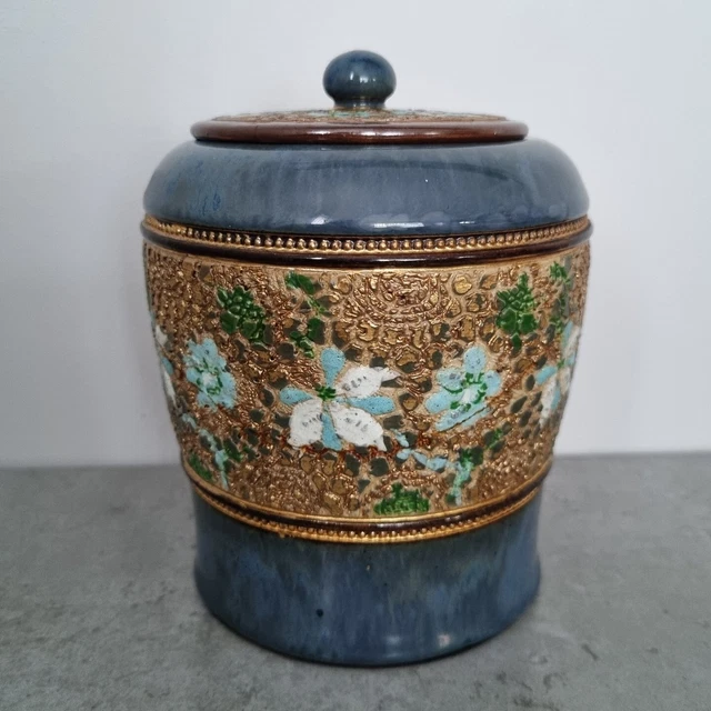 ANTIQUE ROYAL DOULTON Lambeth Slaters Blue Gold Vase Lidded Jar Pot