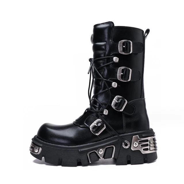NEW ROCK BOOTS Punk Metallic Black Leather Platform Biker Boots Unisex