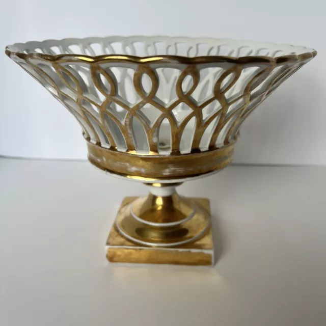 Antique Reticulated Porcelain Pedestal Basket Compote Gold Gilt 19th Century